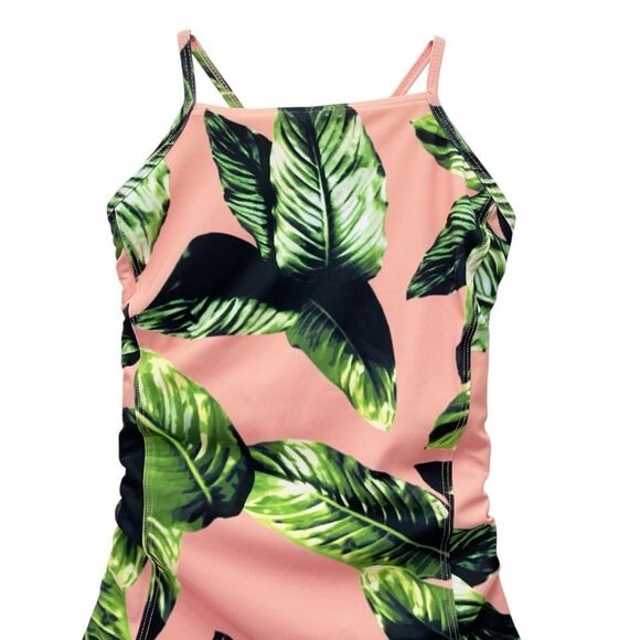 Albion Waikiki One Piece Swimsuit Pink Green Leaf Print Lace Up Back Size Medium - Picture 5 of 14